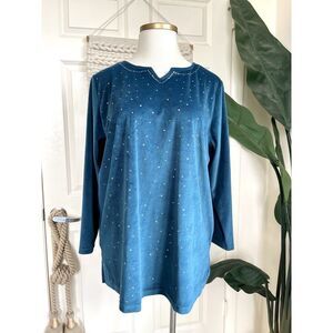 Roamans Women's 1X Teal Velvet Top Polka Dot 3/4 Sleeve Round Neck Blouse